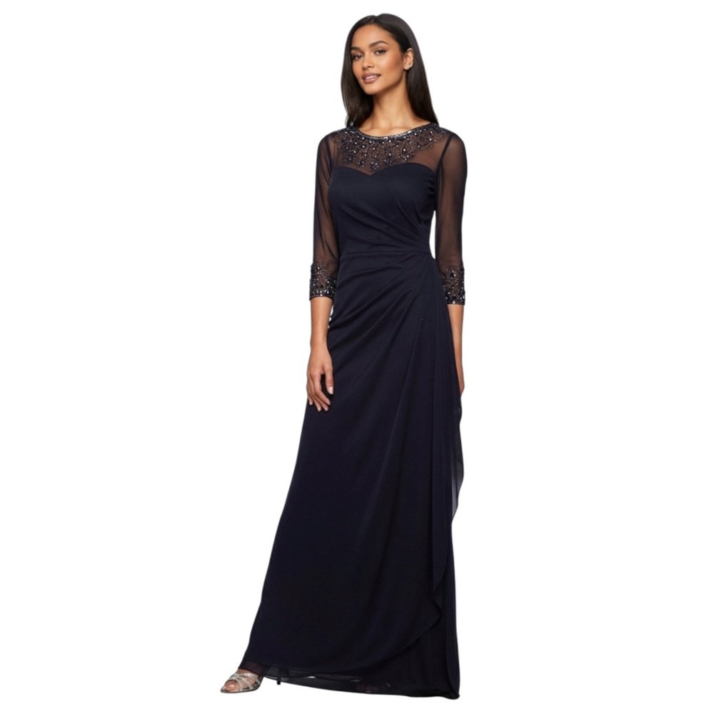 Alex Evenings Beaded Illusion Neck Gown Mesh Beaded Sleeves, Dark Navy, Size 10P